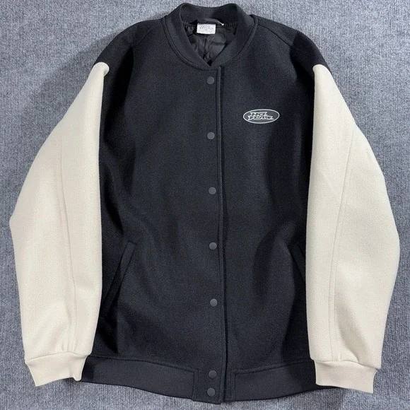 No Fear Jacket Mens Small Black Heavyweight Varsity Snap Buttons H&M Y2K